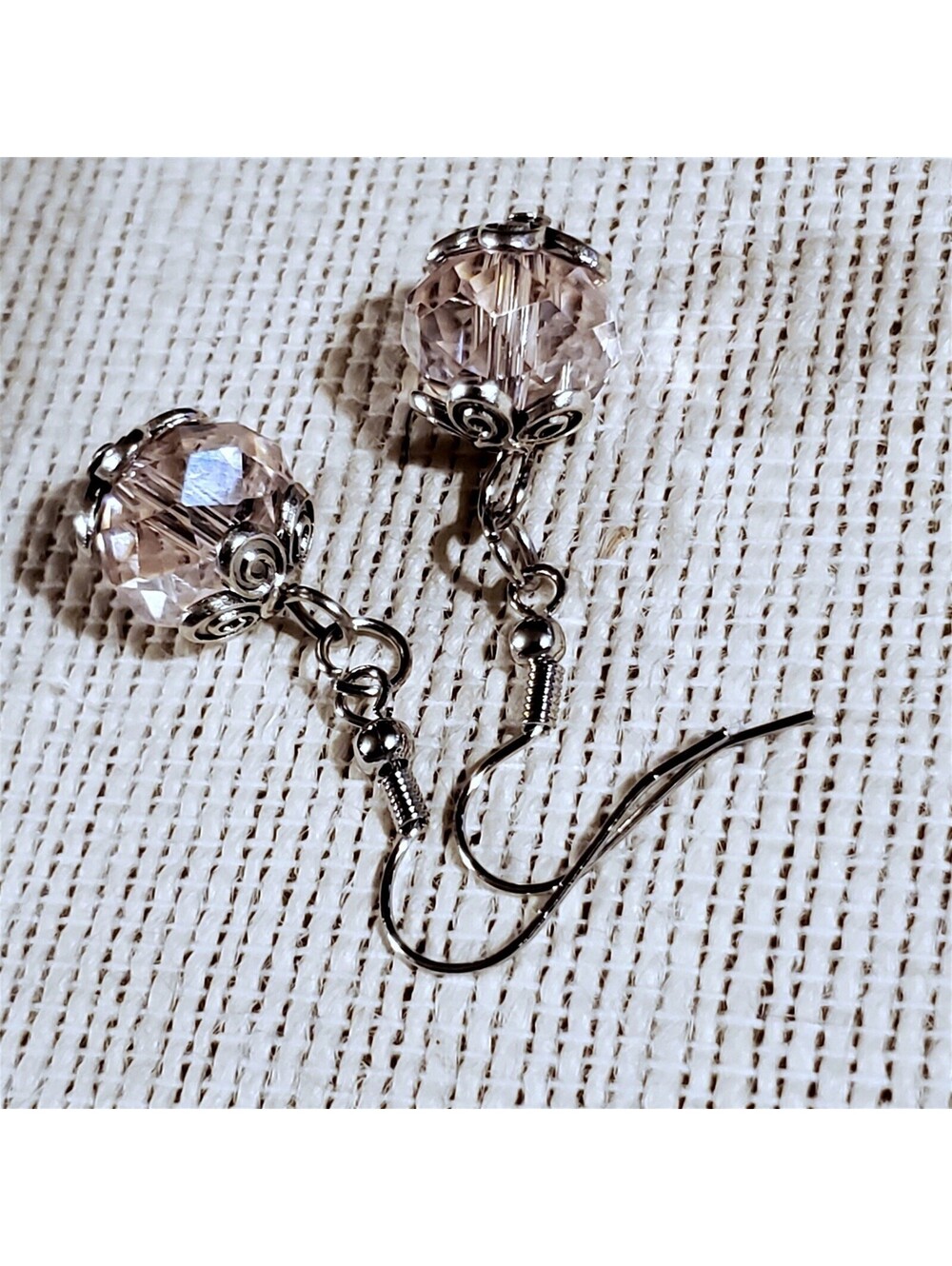 Vintage Light Pink Crystal Beads Antique Silver Carved Accents Earrings - Picture 6 of 10